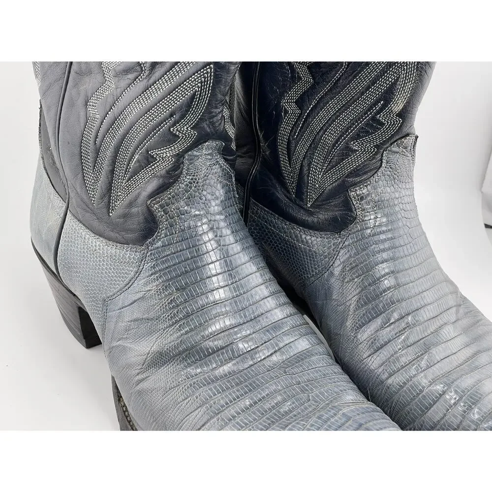 RARE Vintage Tecovas Justin Cowboy Boots Gray Lizard Skin‎ Grey 9D Style S 8357